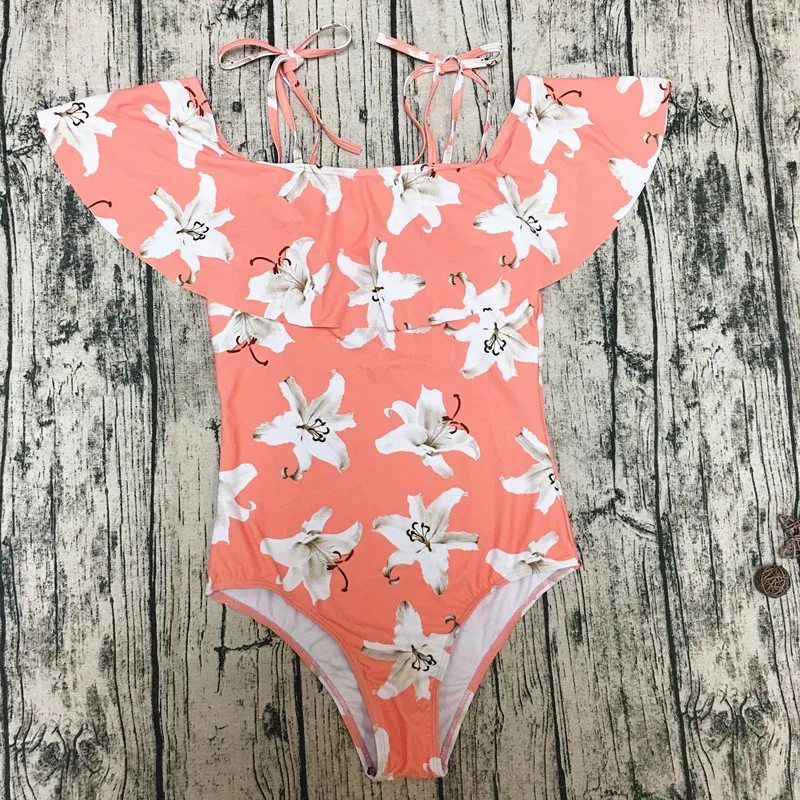 2018 New Sexy Brazilian Swimwear Floral One Piece Swimsuit Large Lotus Leaf A Word Shoulder Women Female Bikini Set |