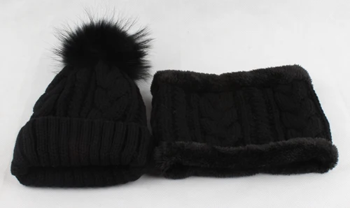 black fur pom adult Зимняя шапка для мужчин, флисовая подкладка, вязаная шапка, шарф, набор, настоящая шапка с меховым помпоном, шапка, комплект из двух предметов - Цвет: black fur pom adult