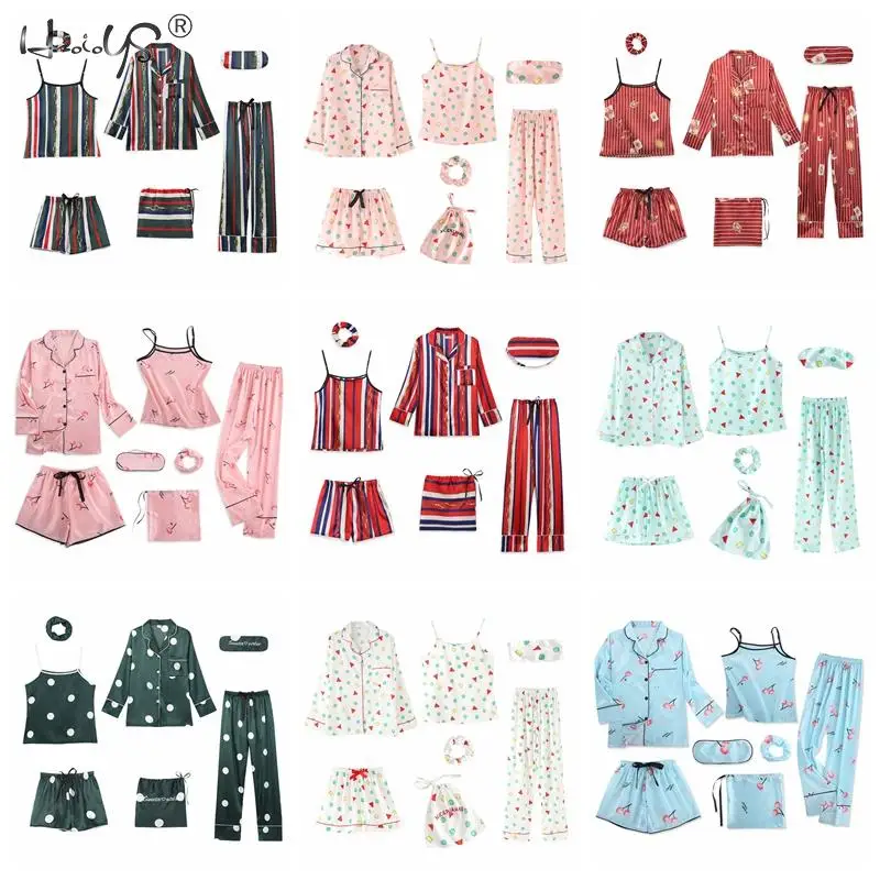 Stripe Printing Women's 7 Pieces Pajamas Sets Emulation Silk Satin Pajamas Women Sleepwear Sets Spring Summer Autumn Homewear