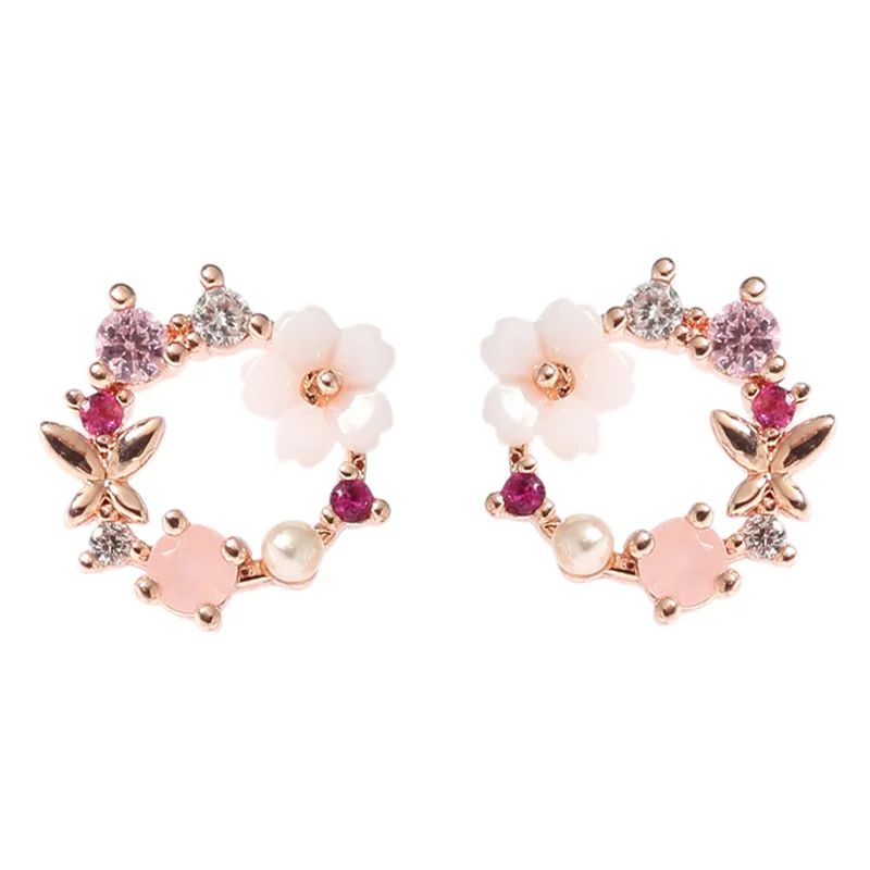 Розовый цветок и бант милые романтические кристалл клип серьги для женщин Samll