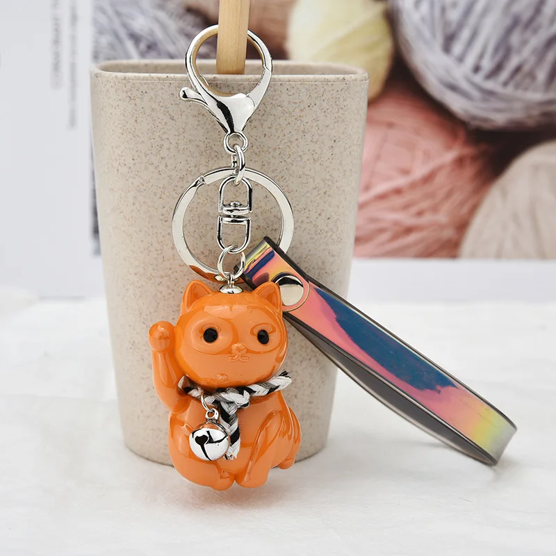 Новинка, брелок для ключей Lucky Cat, милый мультяшный брелок для ключей, пара колокольчиков, ПВХ, волшебный цвет, кожаный шнур, брелок для автомобиля, сумка, висячая, K2269
