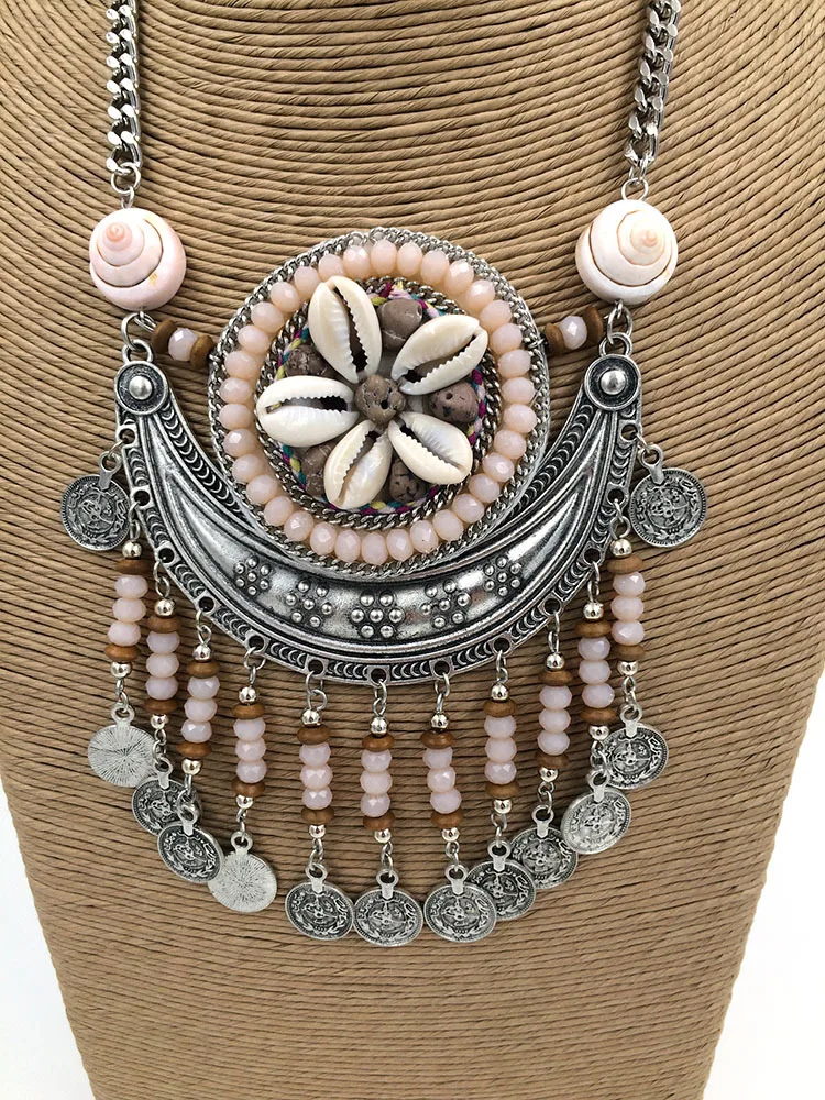 ?? ヴィンテージチベット手作りビーズチェーンネックレスフラワークリスタルペンダント自由奔放に生きるスタイルコリアーファムステートメントネックレス夏スタイル