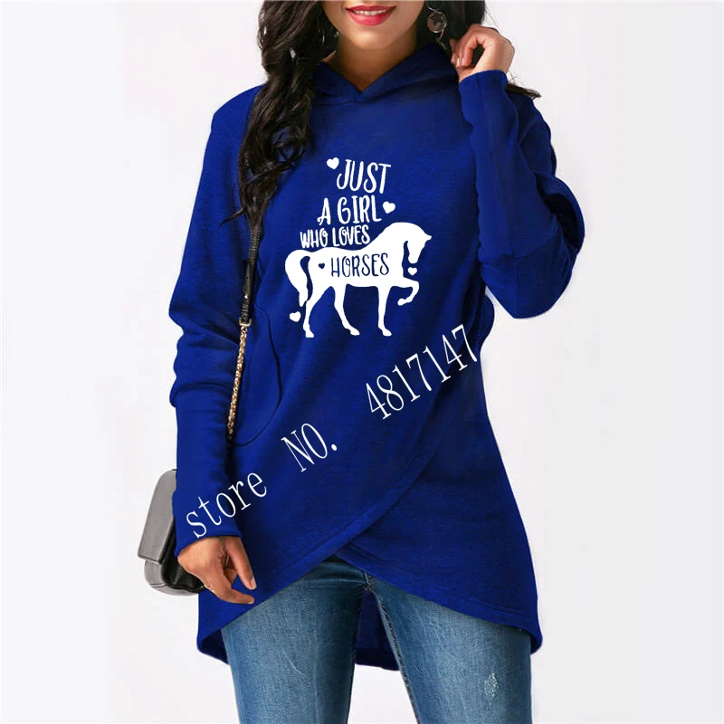 blue Just a Girl Who Loves Horses Print Hoodies Women Irregular Sweatshirts Femmes Horse Lover Gift Sweet Long Sleeve Autumn Tops - Цвет: blue