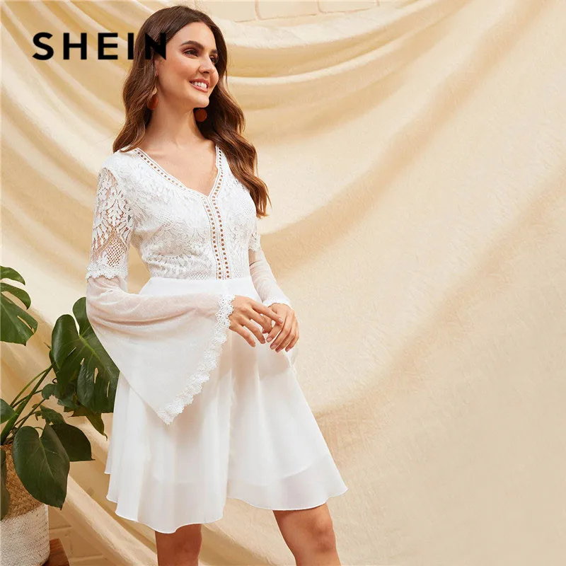 SHEIN Кружевное Платье С Сетчатыми Рукавами И Открытой Спинкой Женское Весеннее Сексуальное Платье С V-Образным Вырезом И Длинными Рукавами