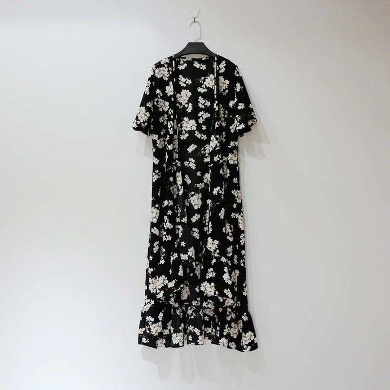 Boho Цветочный принт летнее пляжное шифоновое платье Для женщин Винтаж с коротким рукавом и оборками повязки Повседневное миди платье сексуальное платье с v-образным воротом, вечерние платья
