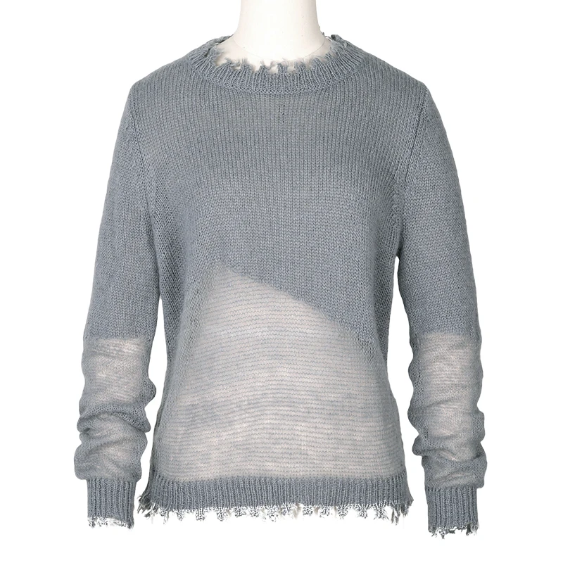 Серый-синий мохеровый свитер Женская Осень 2018 Новые лоскутные Топы свободные