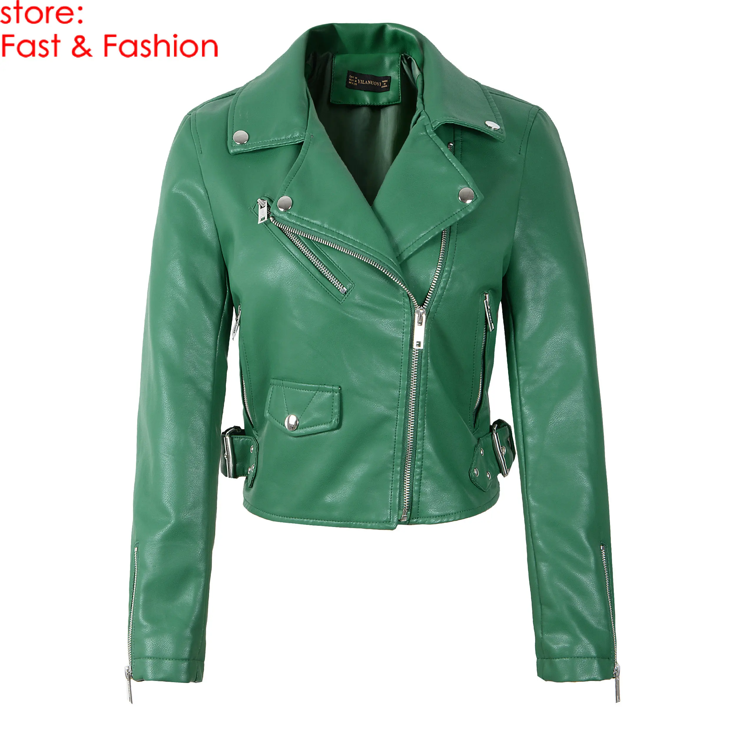 Y8829 Green Новинка, модные женские осенние куртки и пальто из мягкой искусственной кожи с заклепками, Женская Байкерская верхняя одежда из искусственной кожи с длинным рукавом на молнии - Цвет: Y8829 Green