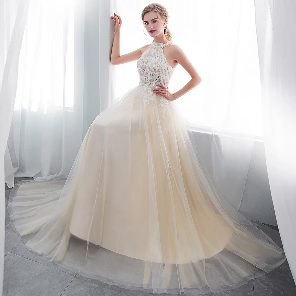 Charming Bohemian Lace Waist Pearls Evening Dress Sexy Illusion Button Back Tulle Gown Robe De Soiree | Свадьбы и торжества