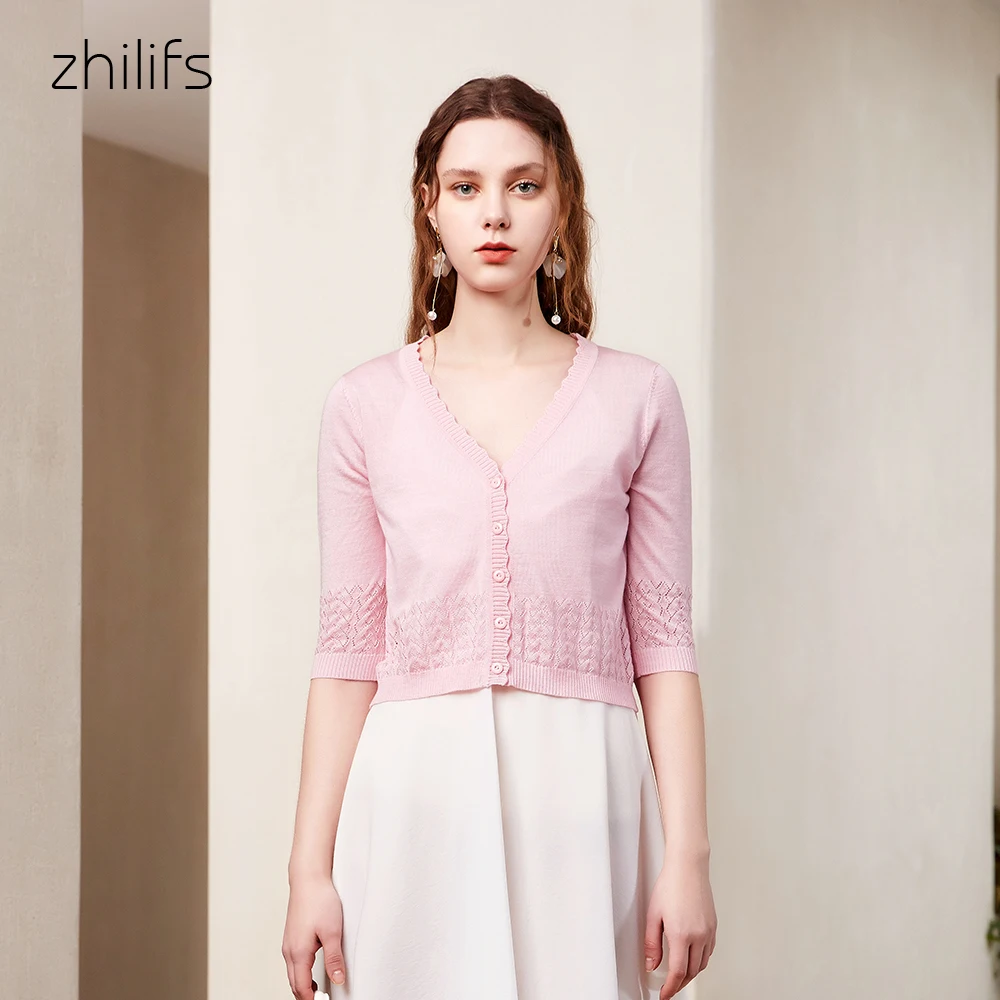 Zhilifs Женский вязаный кардиган свитер топы для женщин розовый трикотаж полый