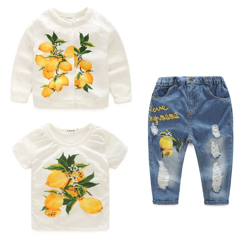 Girls Clothing Sets 2018 Spring Autumn Kids Clothes For Baby 3 Pieces Floral Casual Suit Ripped Jeans | Детская одежда и обувь