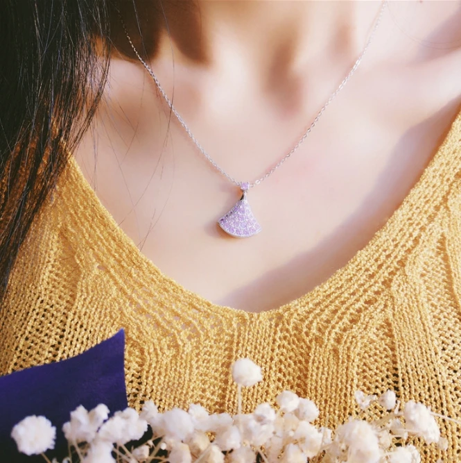 Hot 100% Original 925 Sterling Silver Romantic Fashion Women Necklace Jewelry AAAAA Zircon Fan Shape Pendant | Украшения и