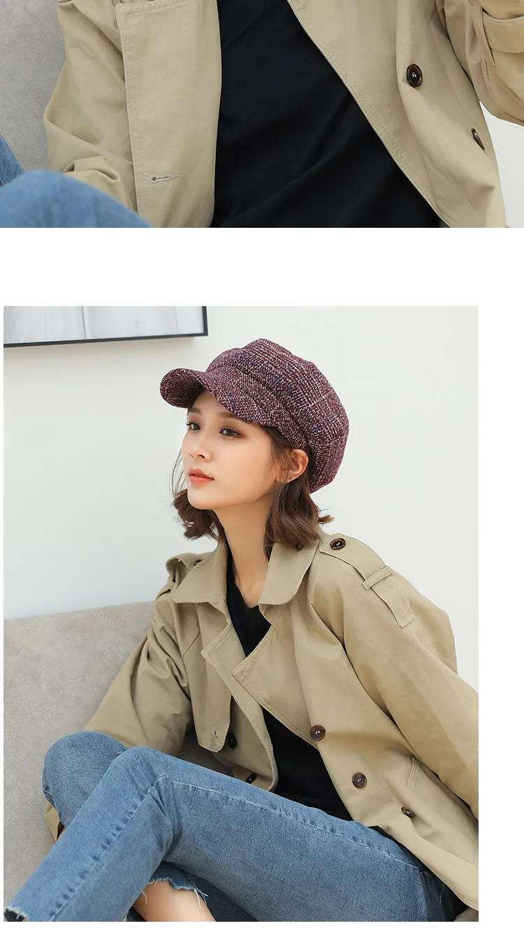 New Fashion Autumn Winter Beret hat Women Ladies Octagonal Newsboy Cap Female Vintage Plaid Artist Painter Beret Hat