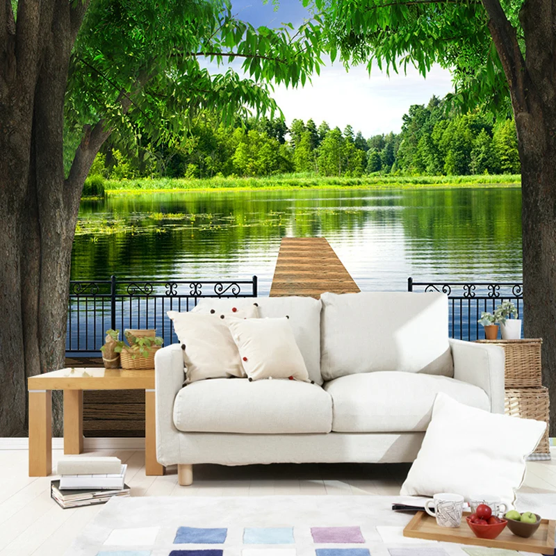 Фото обои 3D большой росписи диван ТВ фон стены природные пейзажи озеро мост