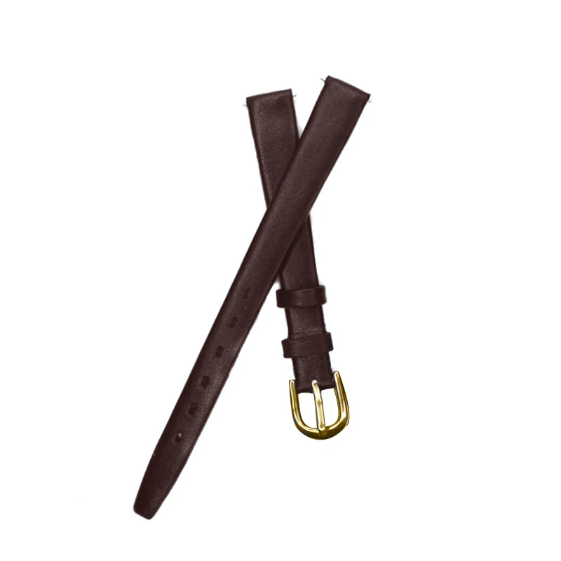 Brown Gold Buckle Ремешок для часов YQI из натуральной кожи 10 мм 12 мм тонкий ремешок для часов из телячьей кожи черный коричневый ремешок для часов для женщин и мужчин весенний бар - Цвет ремешка: Brown Gold Buckle