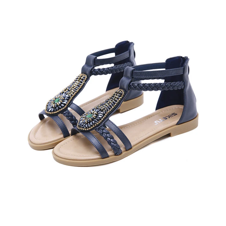 

Fashion Retro Rhinestone Flat Shoes Women's Sandals Plus Size 2020 New Low Heel Soft Beach Female Slip Ons Casual Ladies Shoes