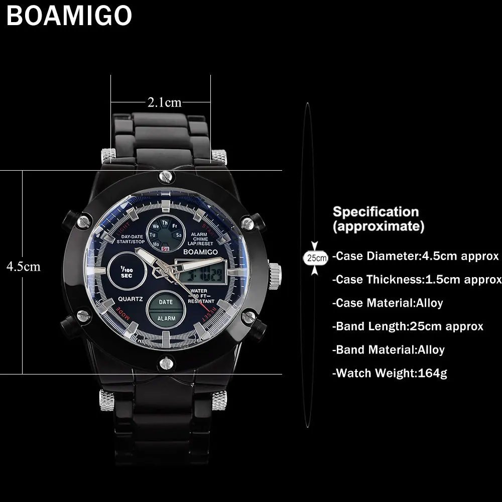 Мужские спортивные часы BOAMIGO мужские стальные черный браслет светодиодные