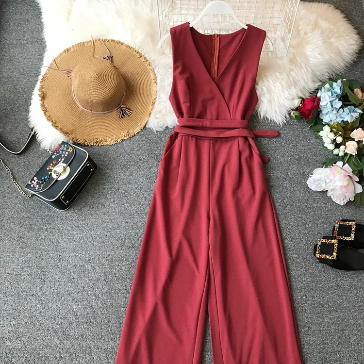 ALPHALMODA весенние женские однотонные комбинезоны без рукавов с v-образным вырезом и высокой талией с поясом Женские повседневные Комбинезоны с широкими штанинами