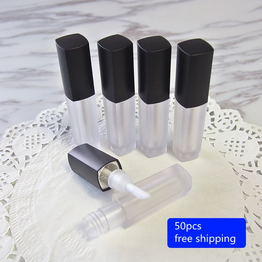 50PCS Small Frosted Clear Lip Balm Tubes Containers Cosmetic Tube Square Plastic Lip Rouge Tube Lip Gloss Lip Black Cap 2.5ml