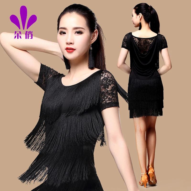 

Lady Latin Dance Shirt Plus Size Short Sleeve Women Summer Sumba Dance Uniforms Female Adult Lace Tassels Practice Suit B-4334