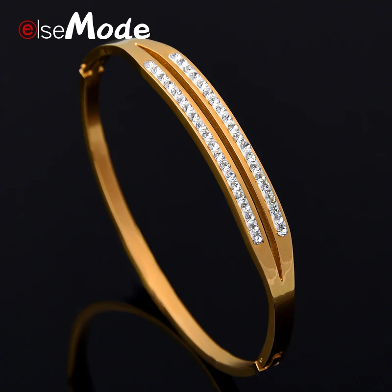 ELSEMODE 316L браслет из нержавеющей стали позолоченный 2 рядный с кристаллами для