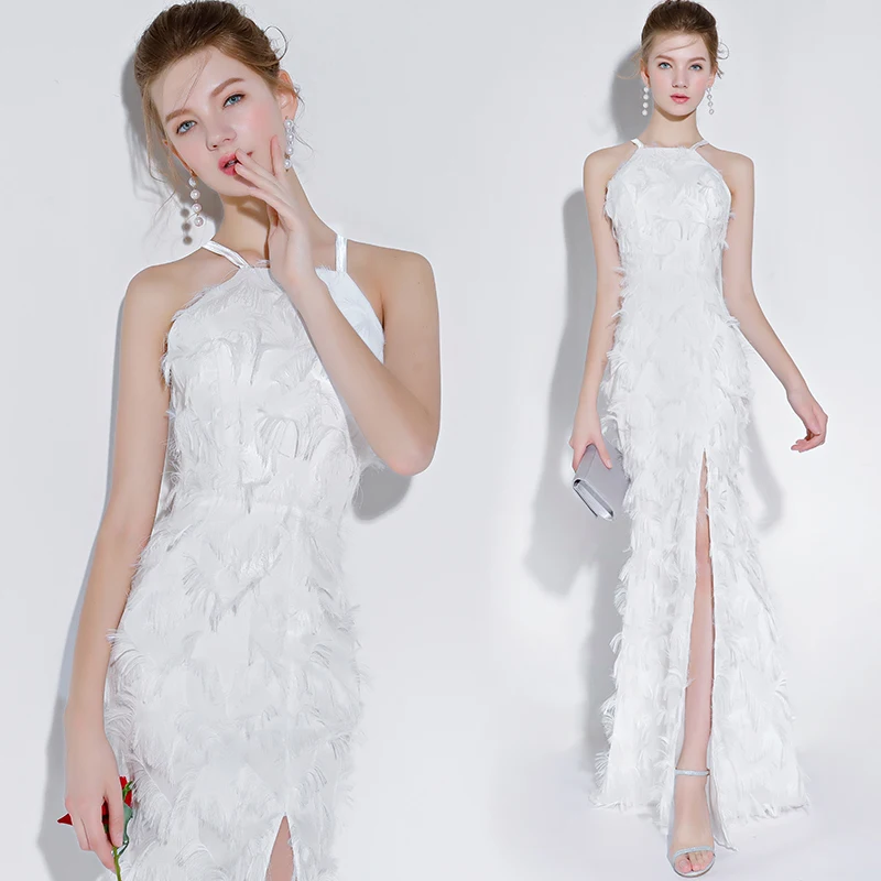 Женское длинное вечернее платье со шлейфом белое кружевное с круглым вырезом