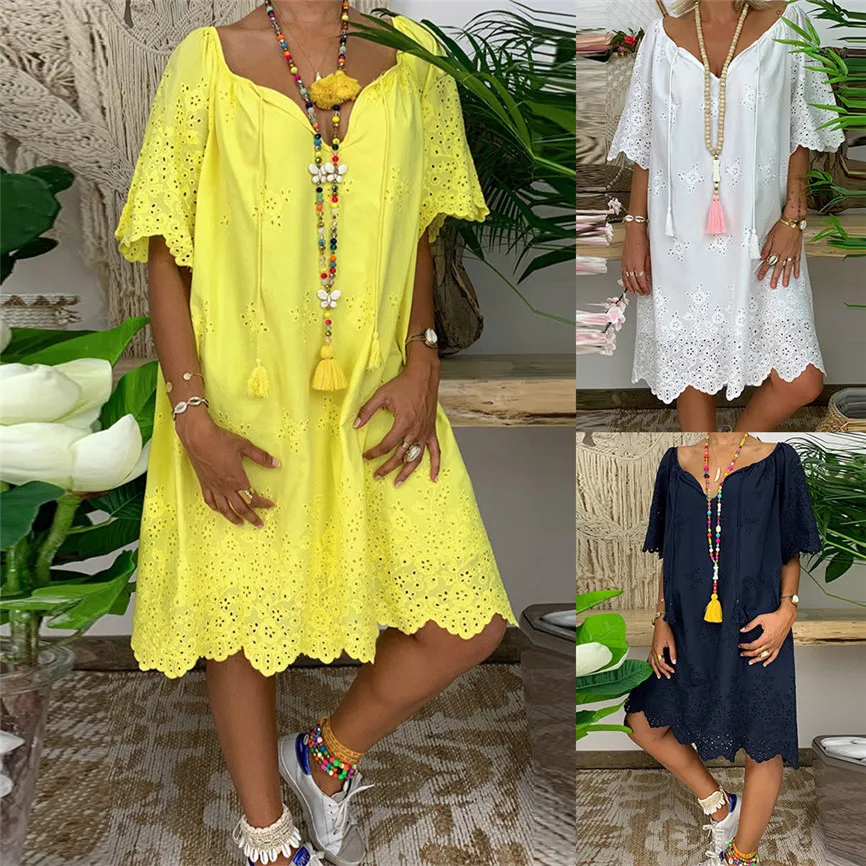 Женское пляжное платье кружевное до колена с коротким рукавом и треугольным