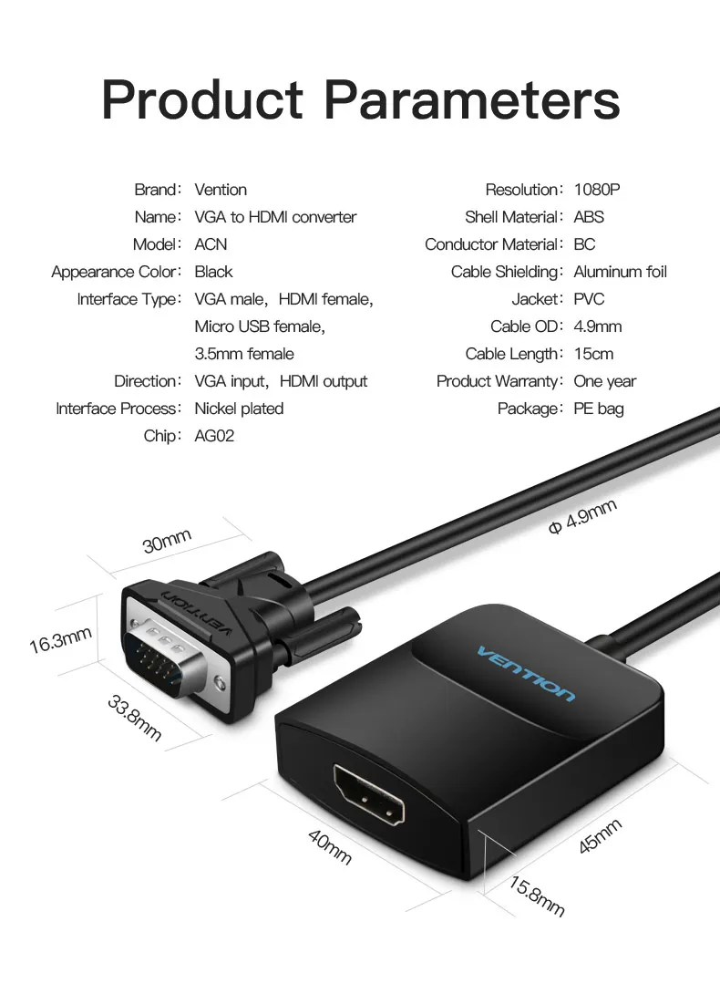 Vention активный VGA к HDMI адаптер кабель конвертер с аудио 1080 P для портативных ПК к HDTV проектор со встроенным чипсет