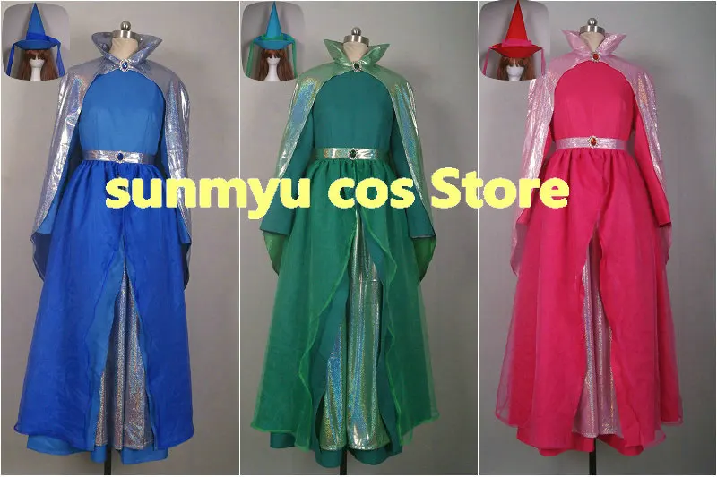 

Sleeping Beauty Merryweather Fauna Flora Blue Green Pink Fairy Dress Cosplay Costume,Size customizable,Halloween