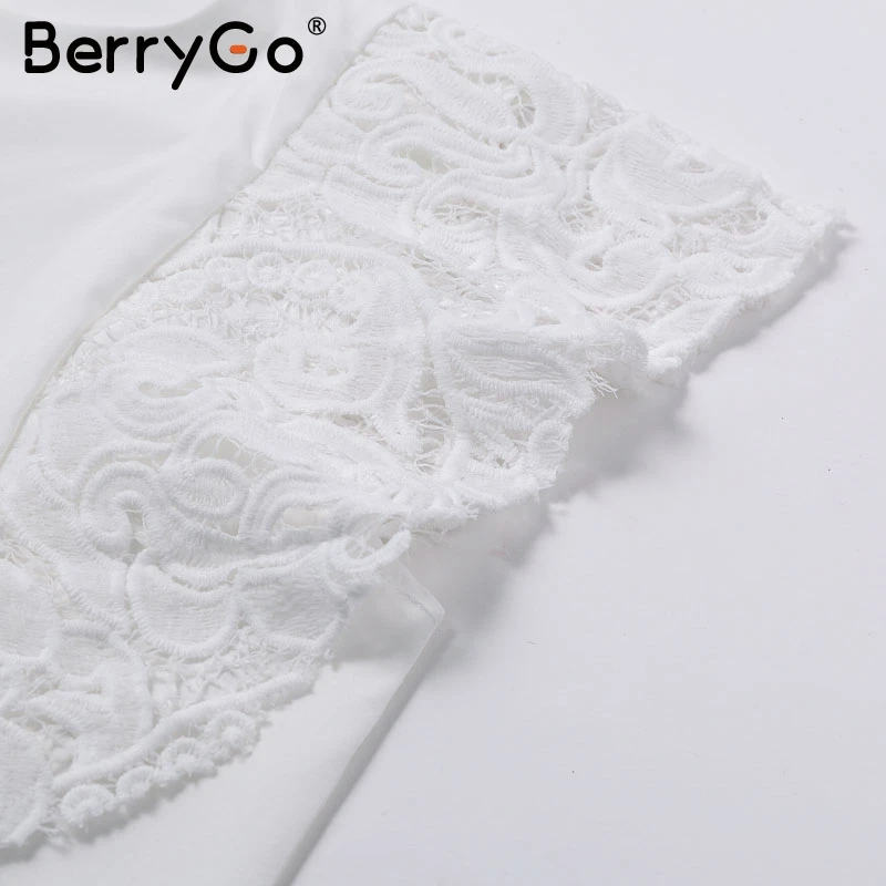 BerryGo Просто элегантно кружевная женская рубашка с рюшами на рукавах летняя белая