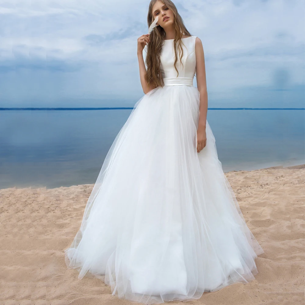 Простое белое свадебное платье без рукавов 2020 мягкое Тюлевое трапециевидной