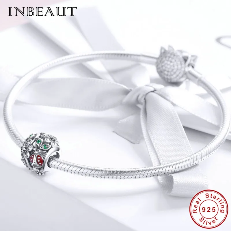 INBEAUT Настоящее 925 пробы серебряный милый жук дерево цветок резные красные бусины с насекомыми Шарм Подходит Pandora браслет Рождественский подарок