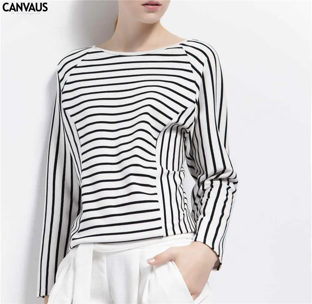 CANVAUS new coming striped pullovers women tops and tees female t shirt with original design o neck YM0164 | Женская одежда