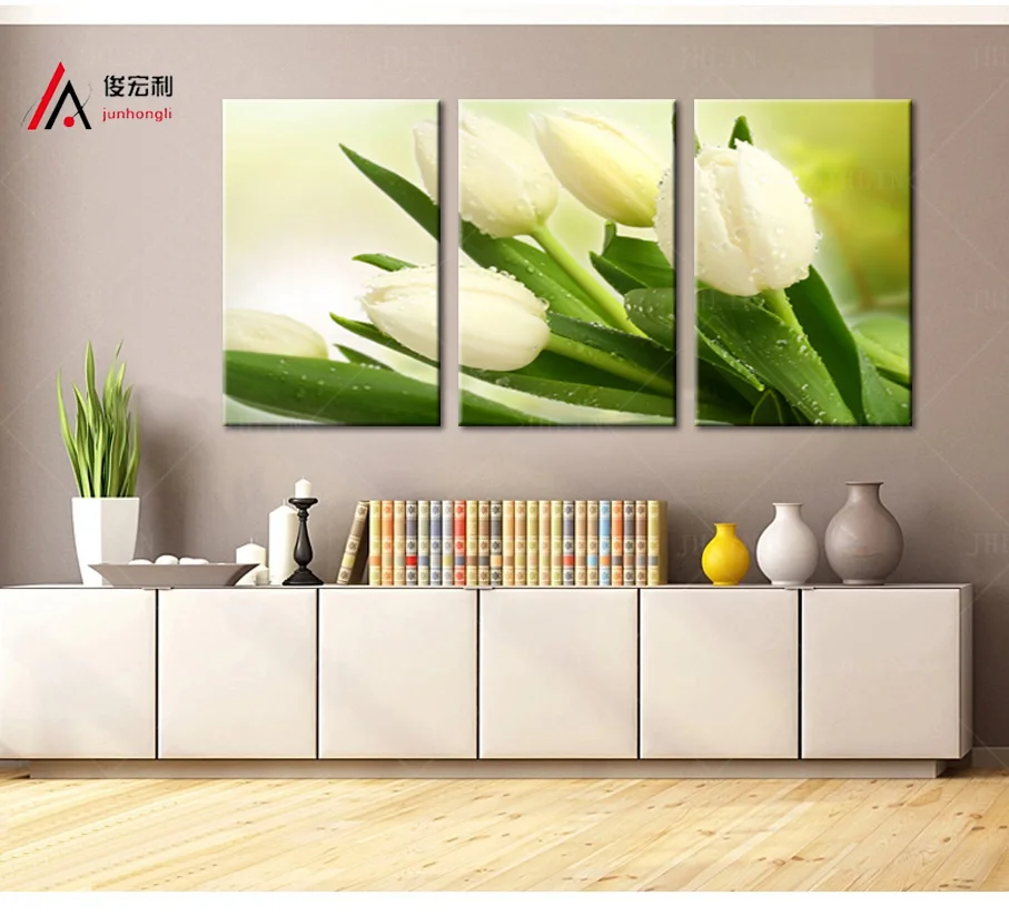 

3 Piece Modular Picture Canvas Print White Tulips Paintings and Framed for Kitchen Wall Art Home Decor Photo Print Free shipping