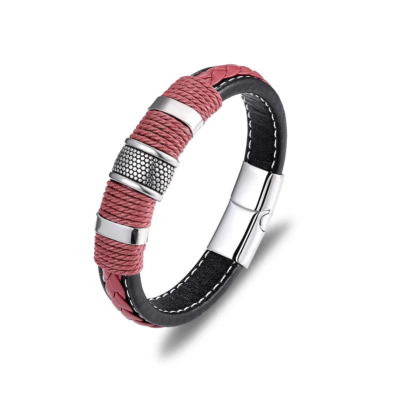 Silver Red MKENDN панк многослойный Плетеный Браслет из натуральной кожи синего цвета, титановый браслет из нержавеющей стали с магнитной застежкой, мужские браслеты - Окраска металла: Silver Red