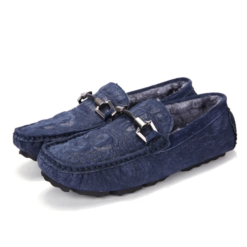 WDE-8003-1-Blue Men Loafers Plush Keep Warm Soft Moccasins Winter Suede Leather Slip On Shoes Casual Mens Fur Flats Gommino Driving Shoes Black - Цвет: WDE-8003-1-Blue