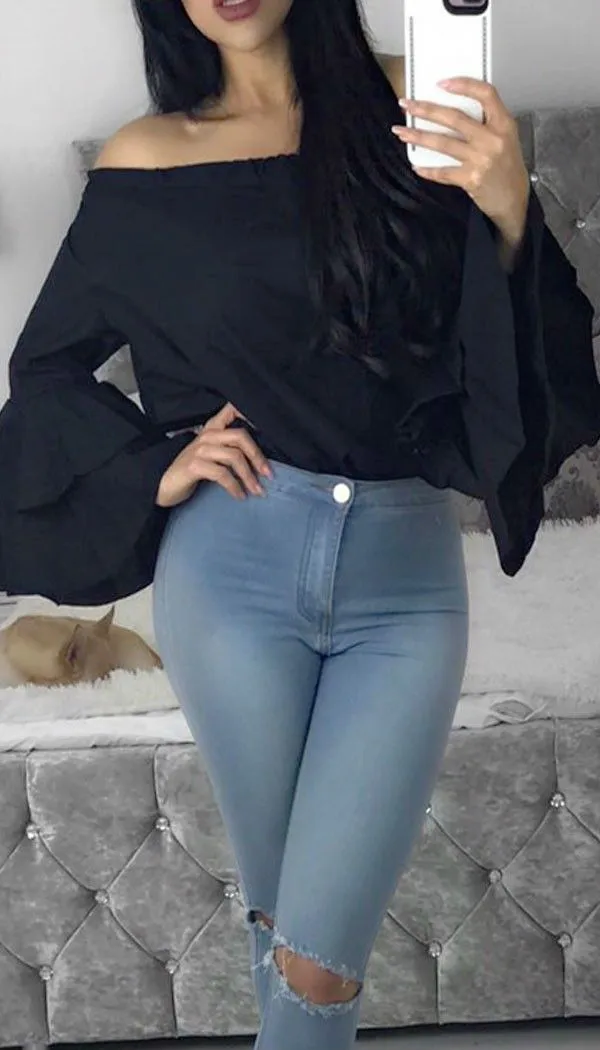 Fashion Summer 2019 Women Ladies Off Shoulder Tops Long Flare Sleeve Shirt Clothes Casual Blouse Loose Shirts | Женская одежда