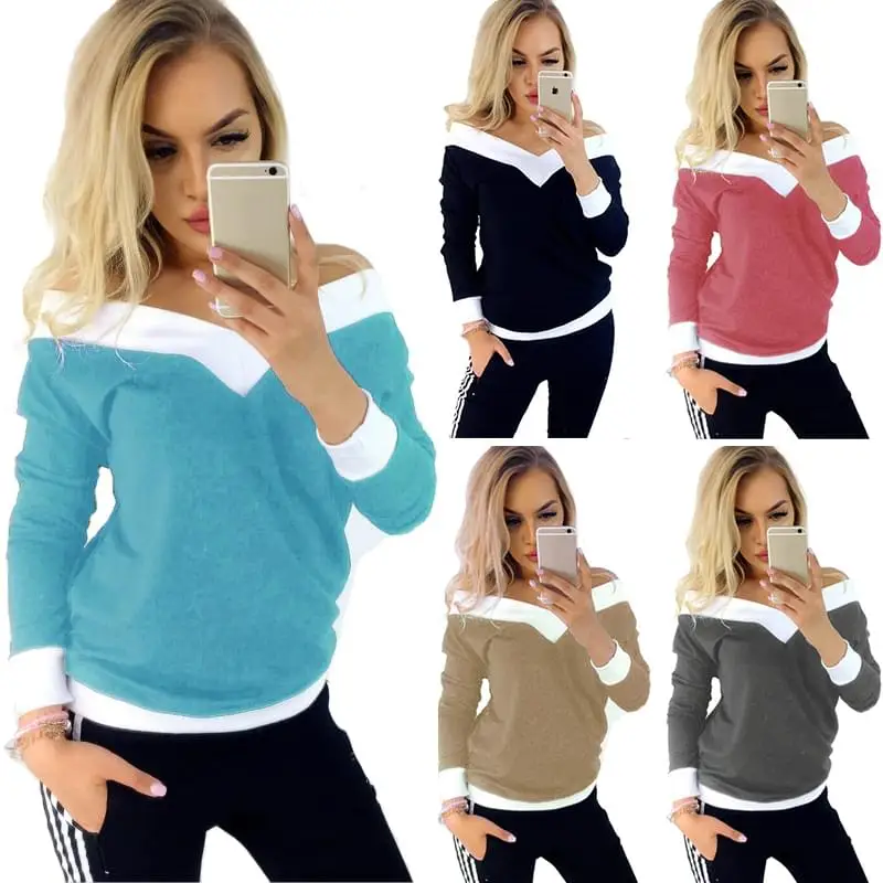 

2020 Women Sexy Slash V Neck Long Sleeve Lady Girl Tees Tops Casual Women T-Shirts Basic T Shirts Bodycon Tees Shirts Women Tops