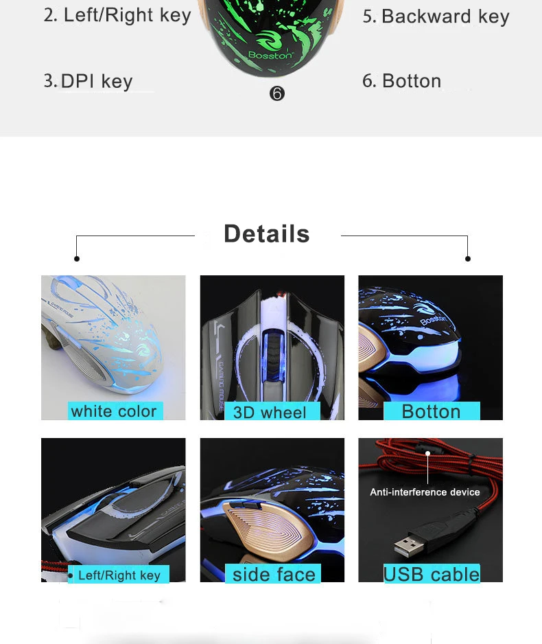 Bosston игровая мышь 6 клавиш 2400 dpi оптическая мышь Компьютерные Мыши с USB дыхательный светильник для ПК ноутбук Настольный GM100