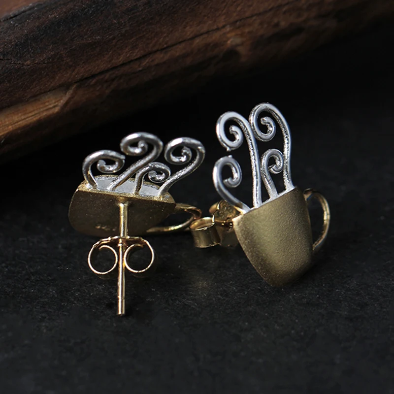 Lotus весело Настоящее серебро 925 проба заклепки творческий ручной Fine Jewelry чашка горячего кофе стильные серьги-гвоздики для Для женщин Brinco