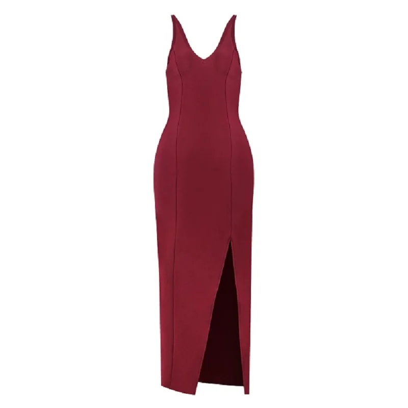 Women Fashion Red Spaghetti Strap Bandage Dresses New Sexy V-Neck Split Party Dress Summer Sleeveless Knee Length Club Vestidos | Женская