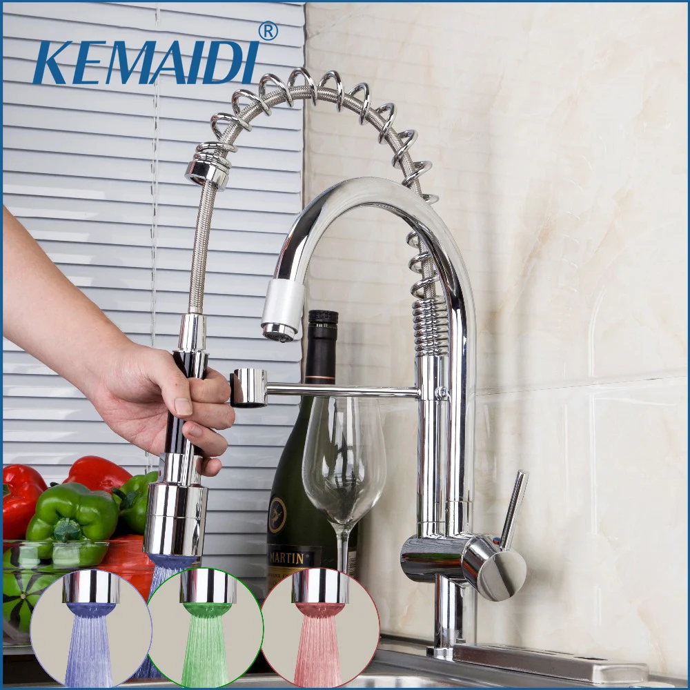 

KEMAIDI New Design Swivel Pull Down Spray Kitchen Faucet Sink Mixer Tap Chrome Brass LED Kitchen Sink Faucets 8525-1D