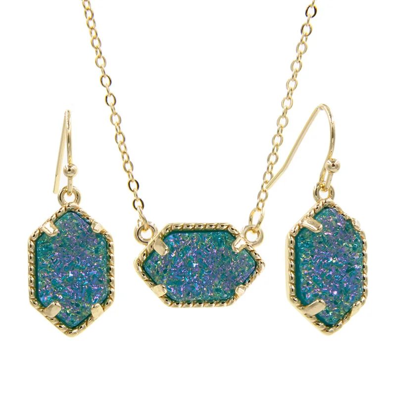 Teal YJX подлинный золотой цвет мини переливающийся кулон из друзы ожерелье с Висячие серьги модные ювелирные наборы - Окраска металла: Teal