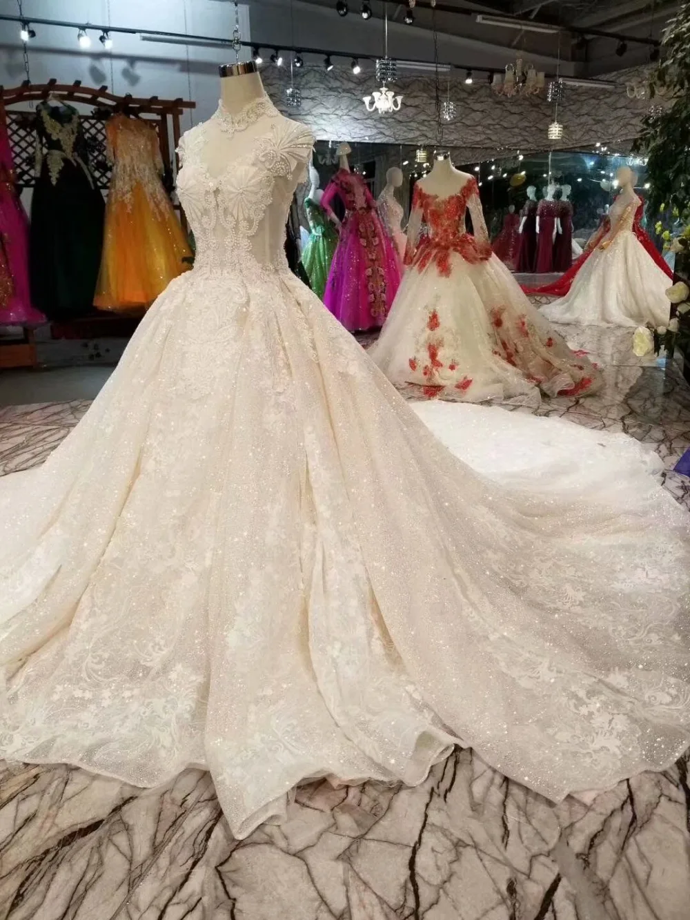 H&ampS BRIDAL Ivory high neck wedding dress ball gown shinny dresses long bride vestido de novia | Свадьбы и торжества