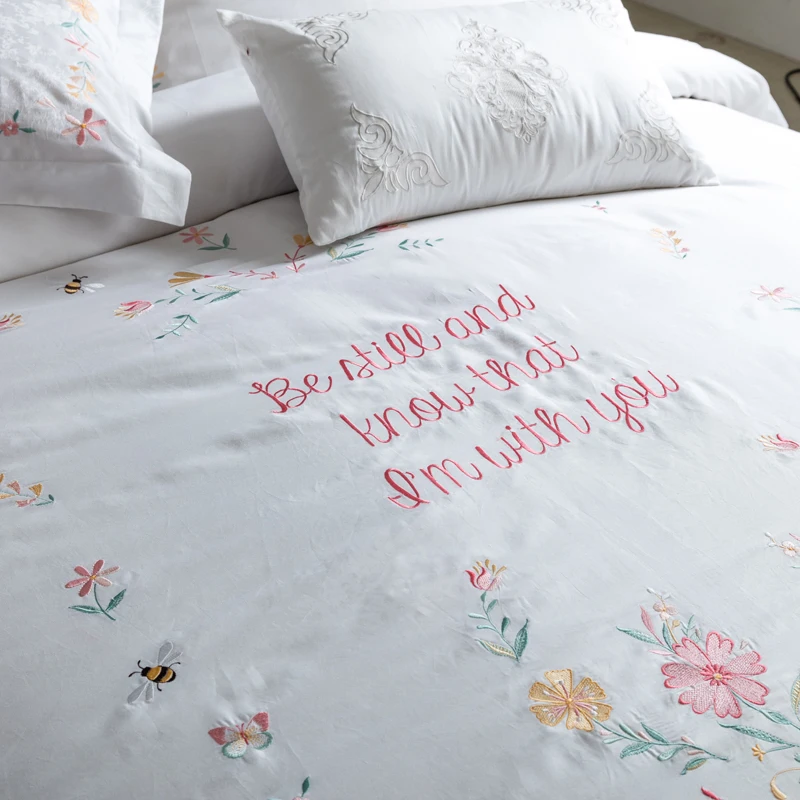 Комплект постельного белья с вышивкой 100% длинный степлер хлопковый пододеяльник