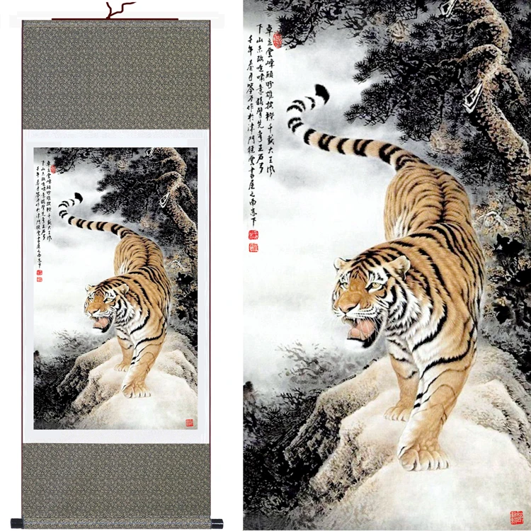 Искусственная большая Настенная картина тигр китайская живопись шелковый
