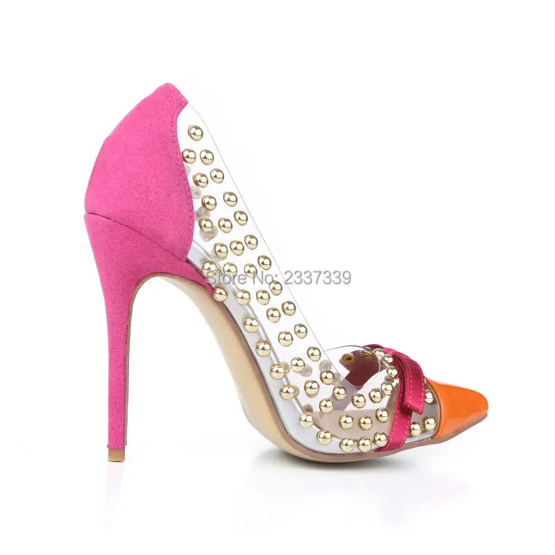 Модные из прозрачного ПВХ женские туфли-лодочки с острым носком Заклёпки высокий