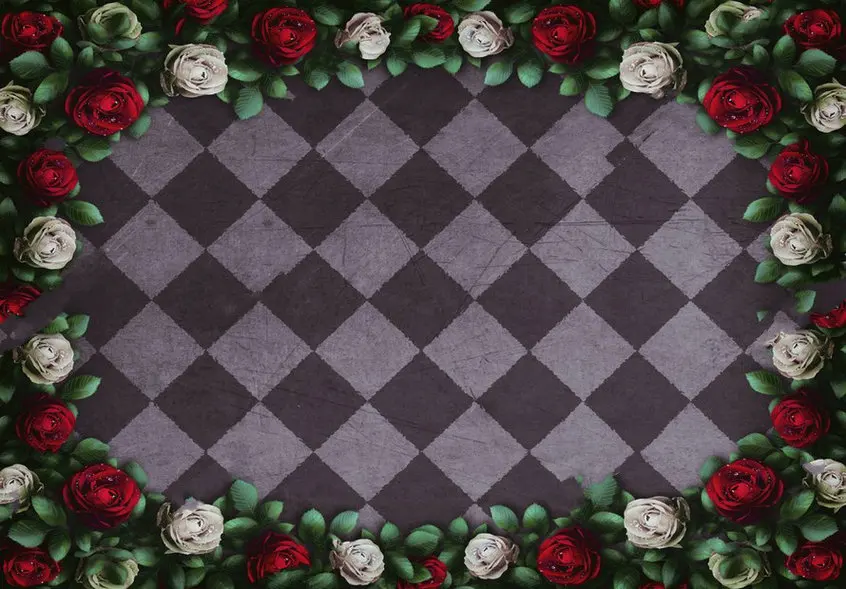 Алиса в стране чудес розы и белые шахматы цветы рамка геометрический фон