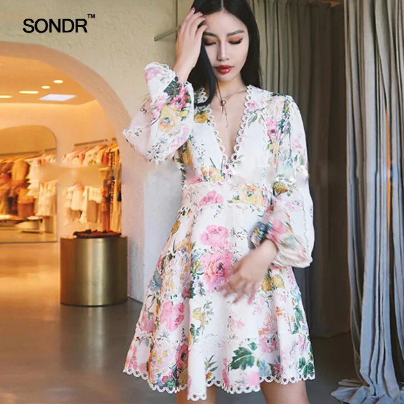 

SONDR Print Patchwork Lace Sexy Women Dress V Neck High Waist Lantern Sleeve Mini Dresses Female Casual Spring 2019