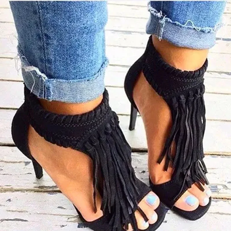 Sexy Summer Ladies Long Fringe Covered Sandal Bottines Stiletto High Heels Sandals Ankle Boots Peep toe Zip Dress Booties Shoes