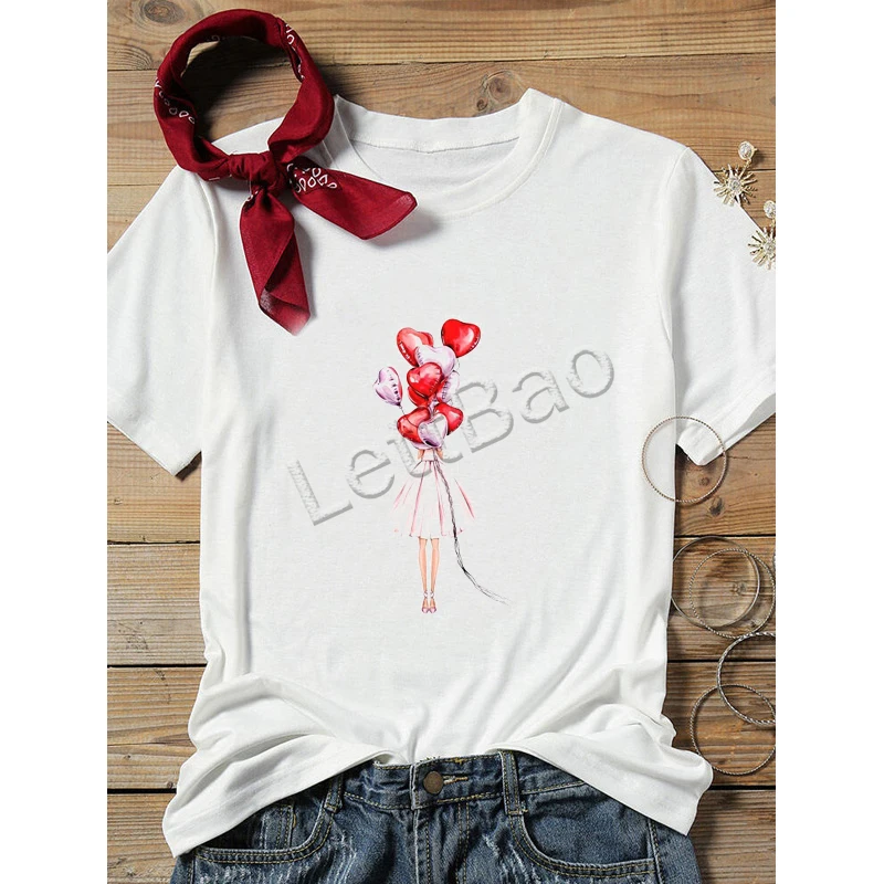 Розовый шар футболки с сердцем леди каваи Лето 100% хлопок мягкие o образным